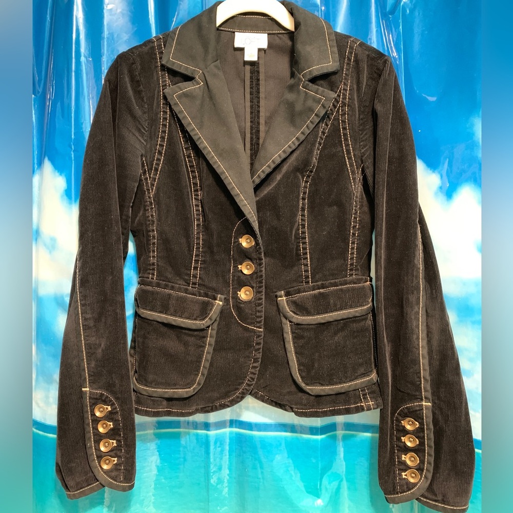 Classy, Fitted Loft Black Corduroy Jacket with Gold Stitched Seams